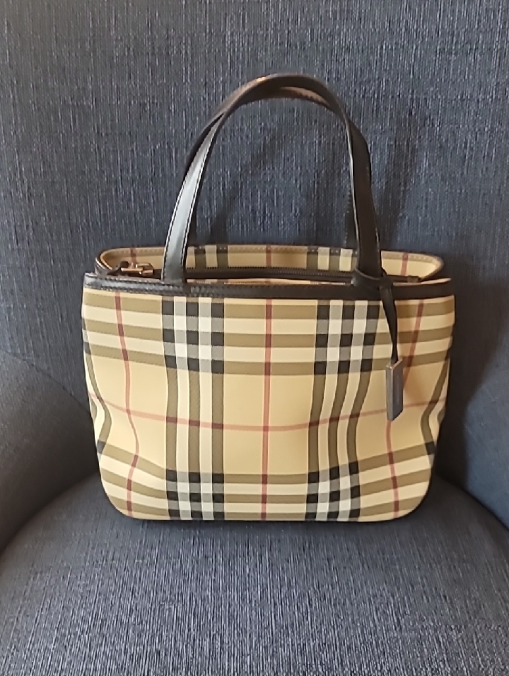 Burberry Beige Check Canvas Tote with Black Leather Trim